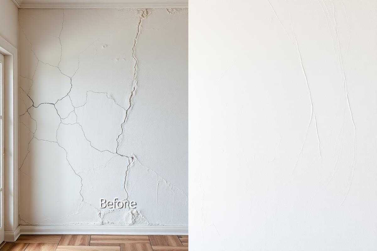 Before and after of a cracked interior wall repaired and skimmed